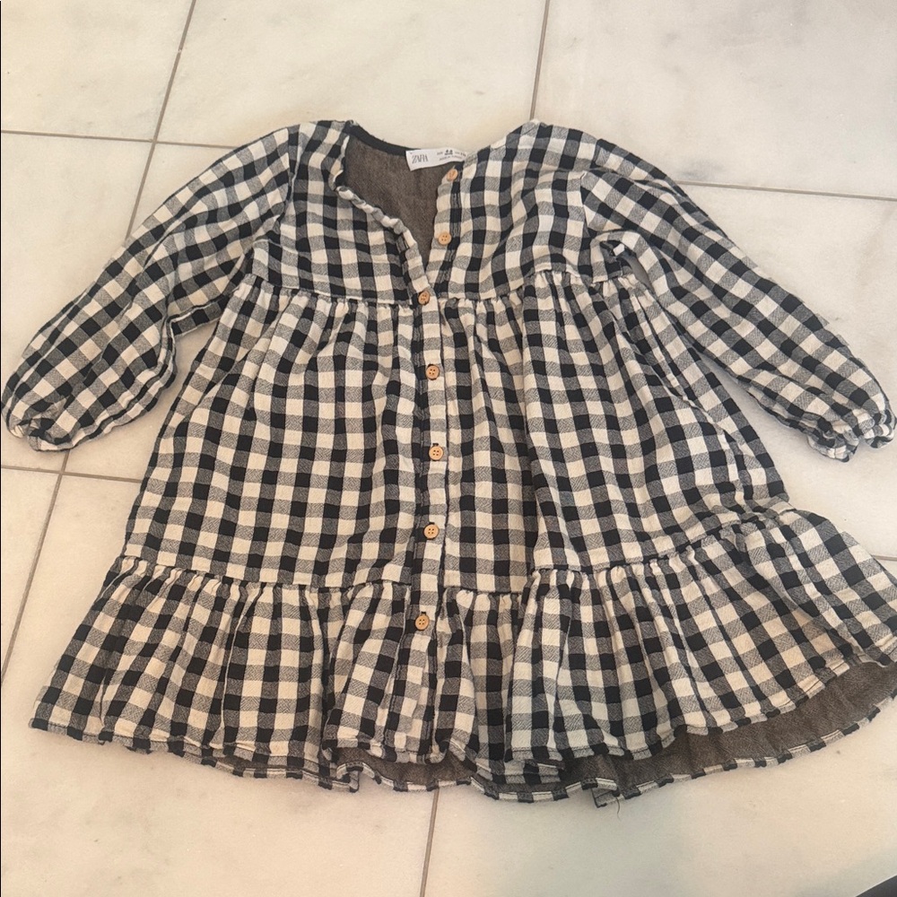Zara Gingham Button-Front Babydoll Dress - Black & White Size 4-5